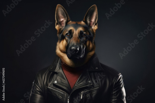 German shepherd in a leather jacket looks ahead on a black background