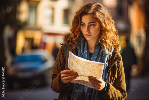 A confused young woman consulting a paper map of city. Traveling alone concept