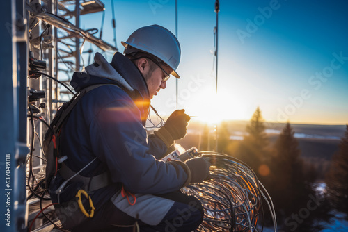 A technician perched on a 5G telecommunications tower fixing an issue. Sunrise or sunset.