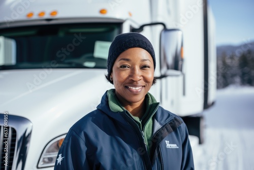 Portrait of a female middle aged caucasian truck driver smiling and standing by her truck during the winter and snow in Canada