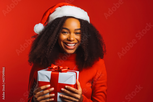 A black female model dressed as Santa offers a gift. Beautiful black woman with santa hat holding a present.