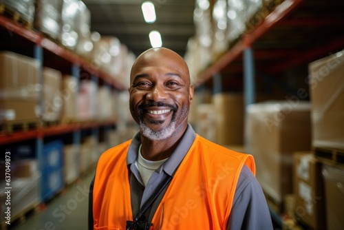 Portrait of a smiling middle aged african american warehouse manager in a warehouse