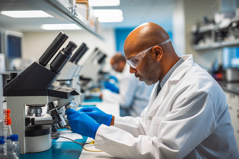 A laboratory technician examines a biological sample under a microscope. Biology and chemistry lab concept. A laboratory technician examines a biological sample under a microscope. Biology and chemistry lab concept.