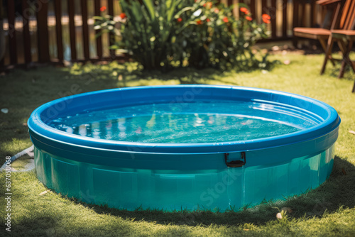 A plastic pool mounted in the courtyard grass. Round plastic pool on sunny day in back yard.