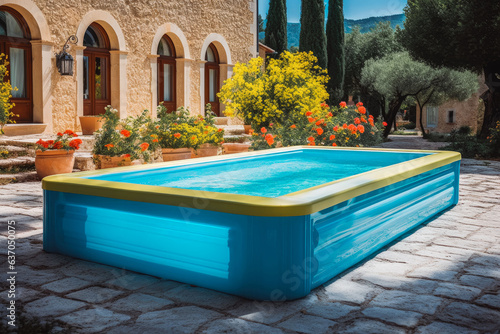 A plastic pool mounted in the courtyard in the mediterranean. Round plastic pool on sunny day in back yard.