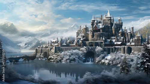 Beautiful majestic castle on a lake, fantasy snow scenery, landscape photography, illustration