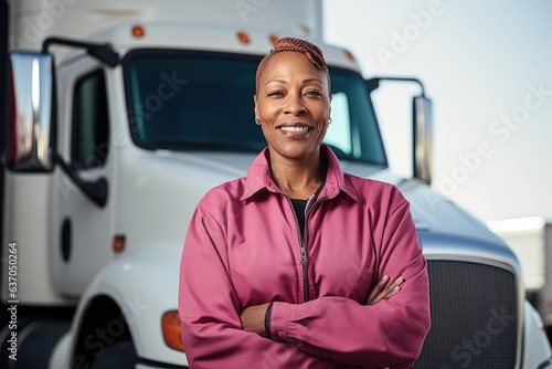 Portrait of a female middle aged african american trucker standing by her truck and smiling in the US © Geber86