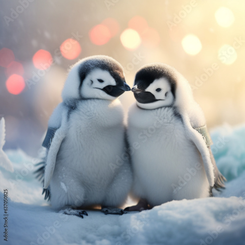 A cute penguin couple at the North Pole looking happy. © Siwapong