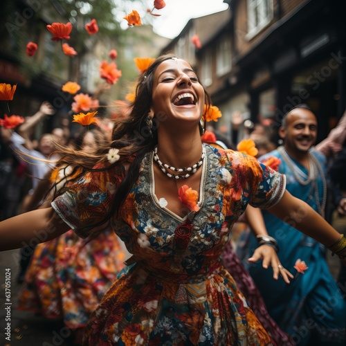 The religious movement of Hari Krishna and Hare Krishnas with songs and dances walk along the streets of the city, a garland of flowers on a woman and men. Concept: Hindu mantra among passers-by. 