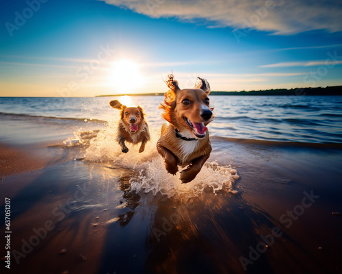Two Happy Dogs Running Through Water at Sunset on a Beach