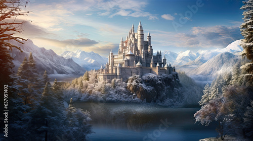 Beautiful fantasy castle on a frozen lake, fantasy snow scenery, landscape photography, illustration