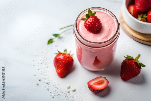 Yoghurt-strawberry smoothies in a jar on a white background. Flat lay. Top view