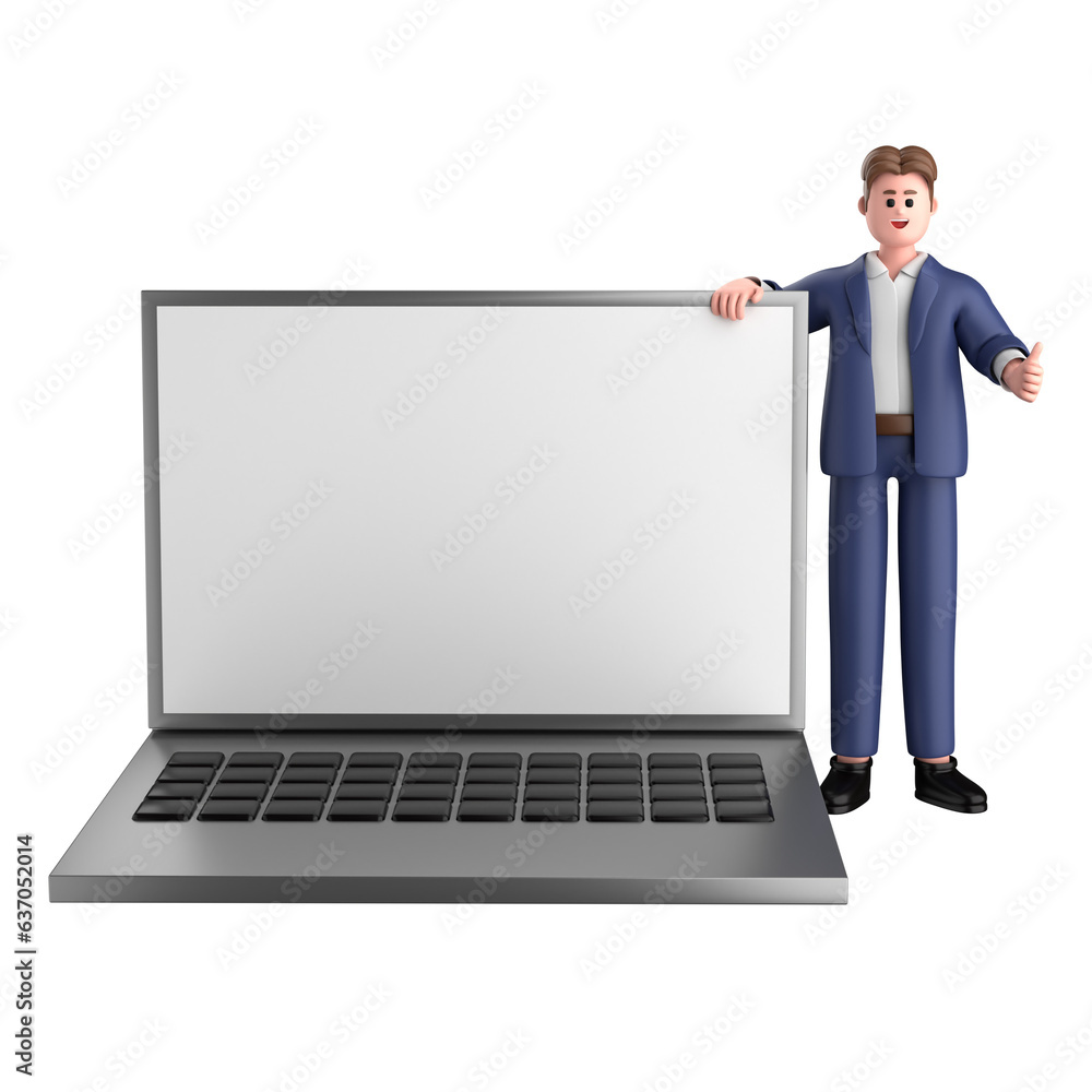 3d businessman executive pose wearing suit standing with blank screen laptop isolated on white background, 3d rendering 3d businessman executive pose wearing suit standing with blank screen laptop isolated on white background, 3d rendering