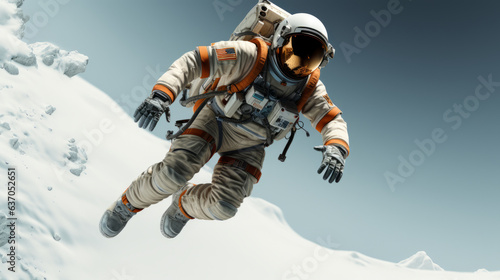An astronaut is flying over a white background