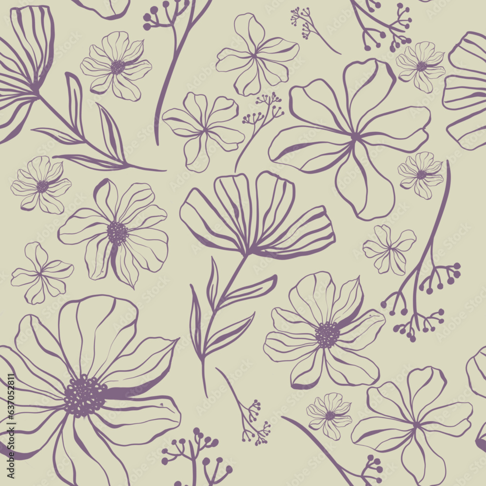 Doodle flowers seamless texture for paper or textile.Single color contour drawings  of abstract flowers. Hand drawn, vector. Design botanical drawing layout for wallpaper, fabric, packaging