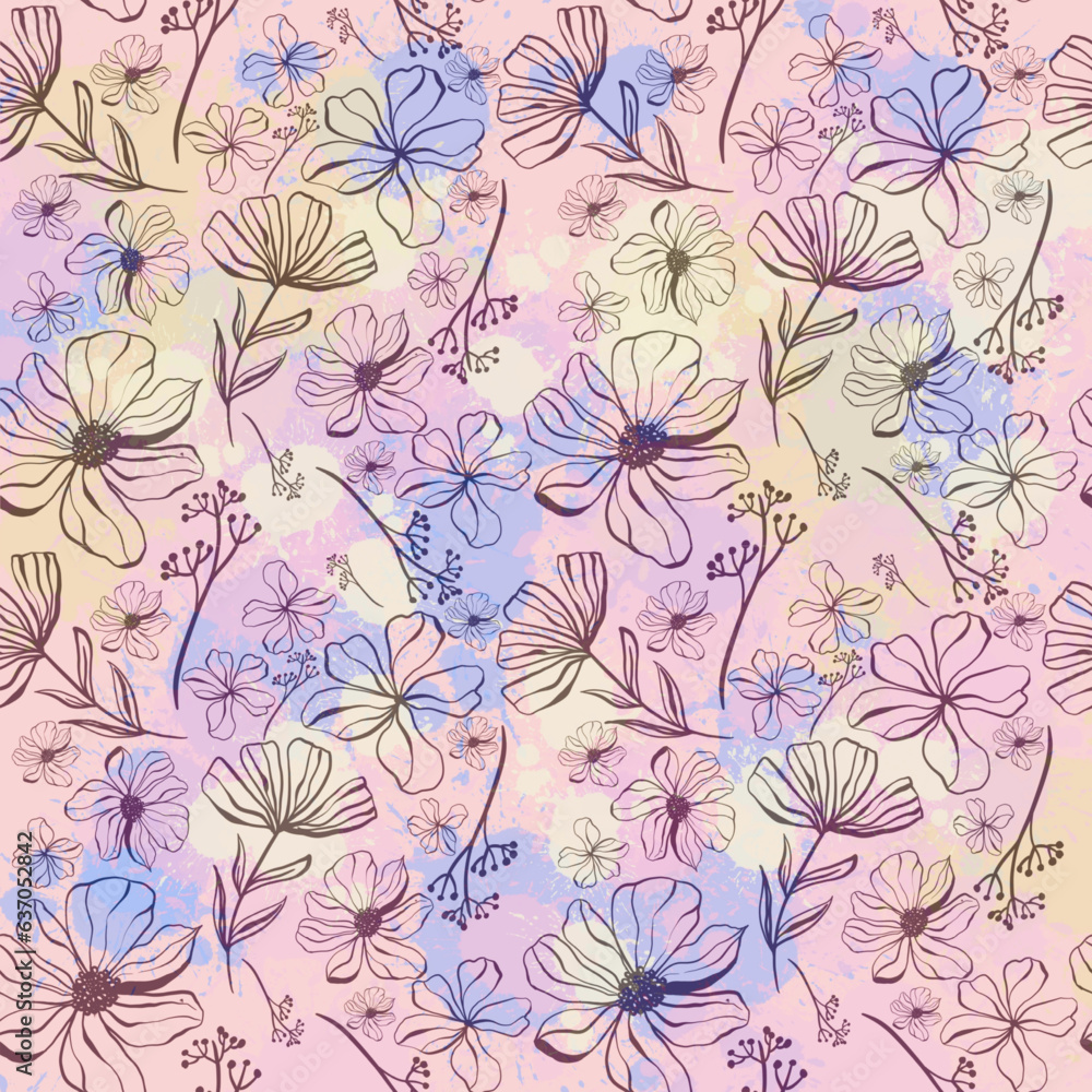 Doodle flowers seamless texture for paper or textile.Color contour drawings of abstract flowers. Hand drawn, vector. Design botanical drawing layout for wallpaper, fabric, packaging Doodle flowers seamless texture for paper or textile.Color contour drawings of abstract flowers. Hand drawn, vector. Design botanical drawing layout for wallpaper, fabric, packaging