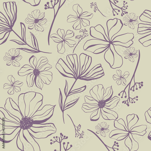 Doodle flowers seamless texture for paper or textile.Single color contour drawings of abstract flowers. Hand drawn, vector. Design botanical drawing layout for wallpaper, fabric, packaging