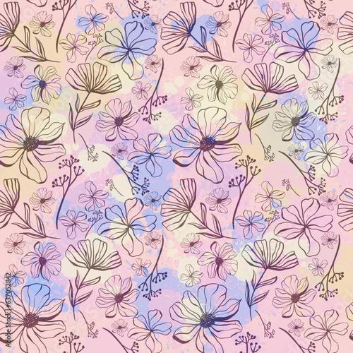 Doodle flowers seamless texture for paper or textile.Color contour drawings of abstract flowers. Hand drawn, vector. Design botanical drawing layout for wallpaper, fabric, packaging © Arylanna