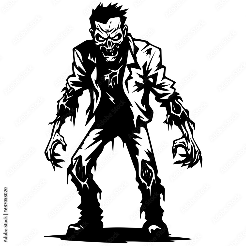 Fototapeta premium Zombie black silhouette isolated on white