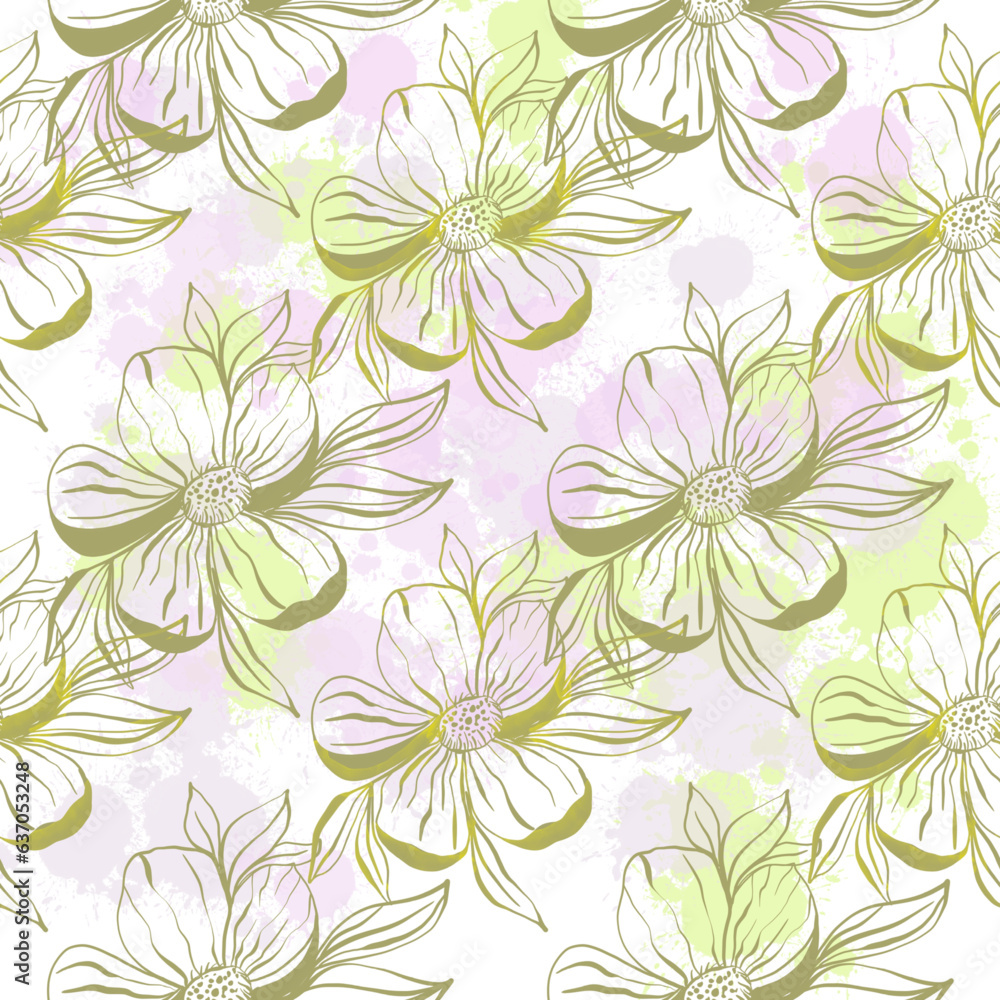 Doodle flowers seamless texture for paper or textile.Color contour drawings of abstract flowers. Hand drawn, vector. Design botanical drawing layout for wallpaper, fabric, packaging