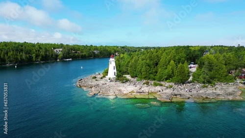  4K Drone shot of Tobermory light house Bruce Peninsula ontario