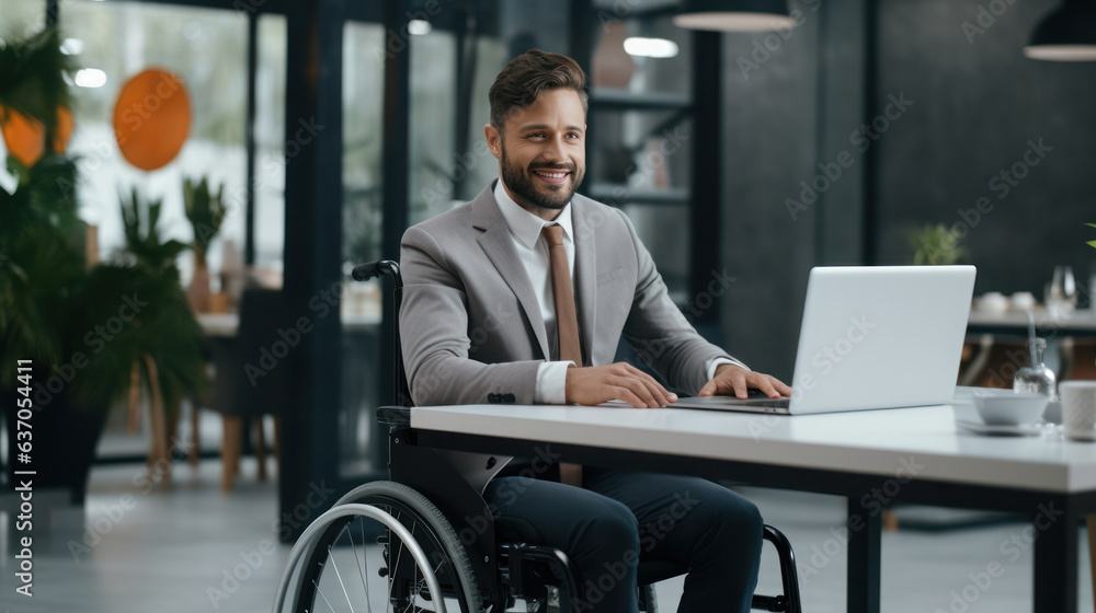Businessman on the wheelchair working on the laptop in the modern white office Businessman on the wheelchair working on the laptop in the modern white office