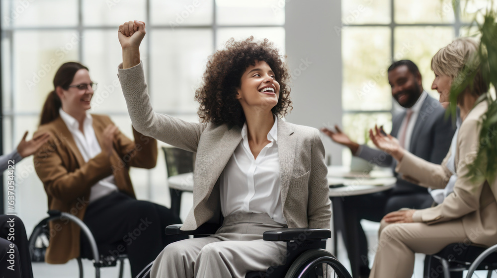 Businesswoman on the wheelchair high five with friends in the modern white office in America
