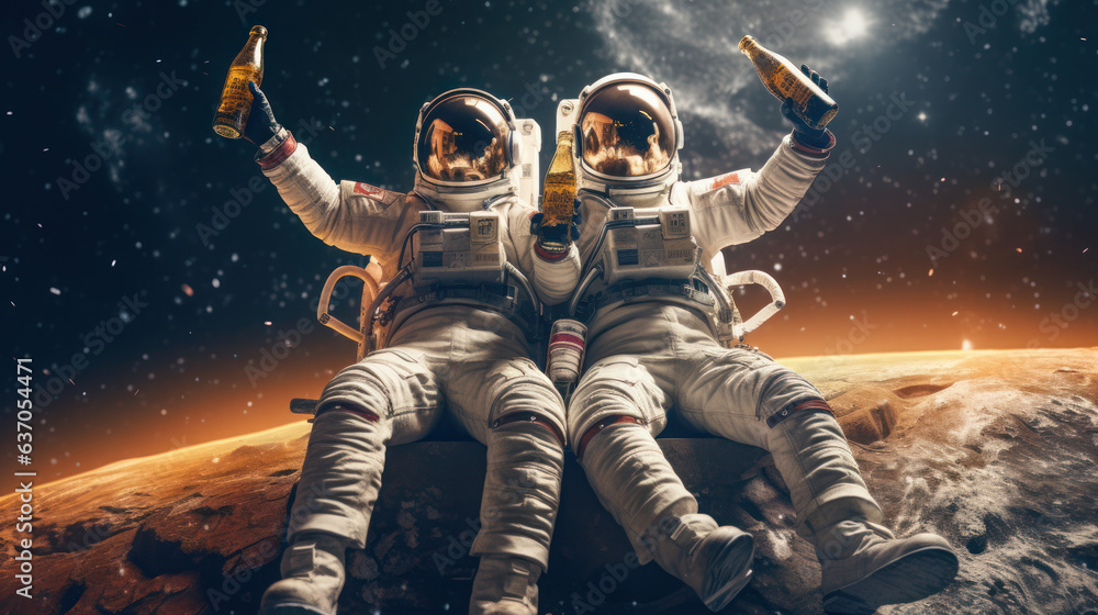 male and friend in space suits happily freedom holding craft beer bottle cheer on the moon - obrazy, fototapety, plakaty 