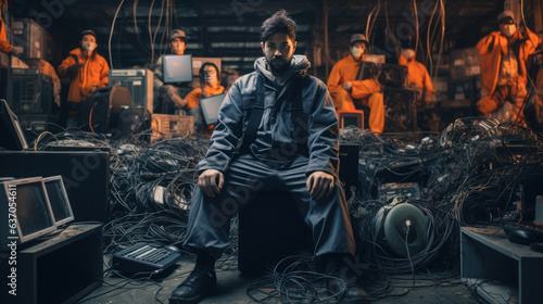 worker The electronic waste management of workers in the uniform