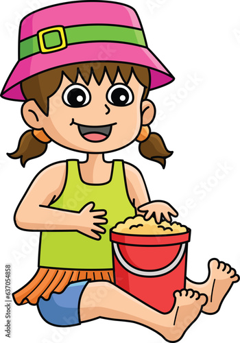 Girl Bucket of Sand Summer Cartoon Colored Clipart