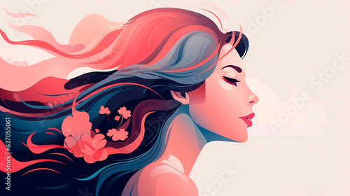 Beautiful girl with long hair and flowers in her hair. vector illustration.