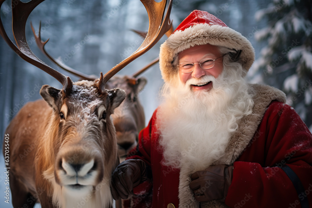 Santa Claus together with his trusty Reindeers that pulls his sled on Christmas eve. Copy space, shallow field of view. Santa Claus together with his trusty Reindeers that pulls his sled on Christmas eve. Copy space, shallow field of view.