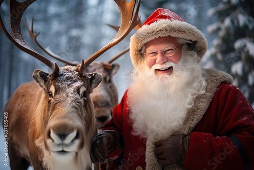 Santa Claus together with his trusty Reindeers that pulls his sled on Christmas eve. Copy space, shallow field of view.