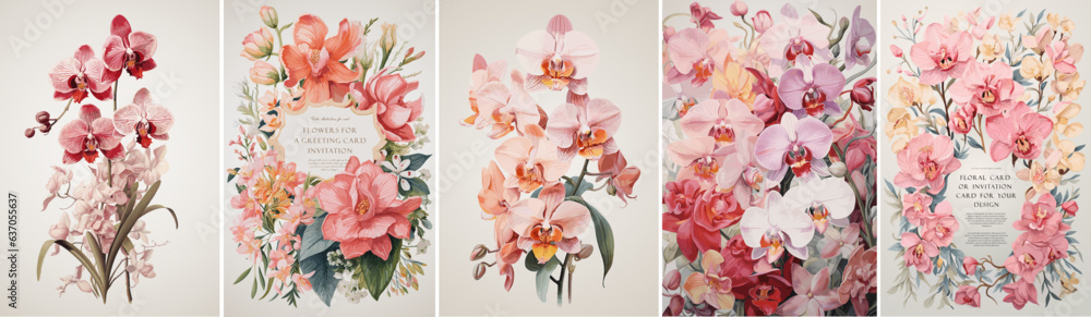 Pink floral greeting cards. Vector illustrations of elegant orchid flowers frames, vintage plants and pattern for wedding invitations, background or poster - obrazy, fototapety, plakaty 