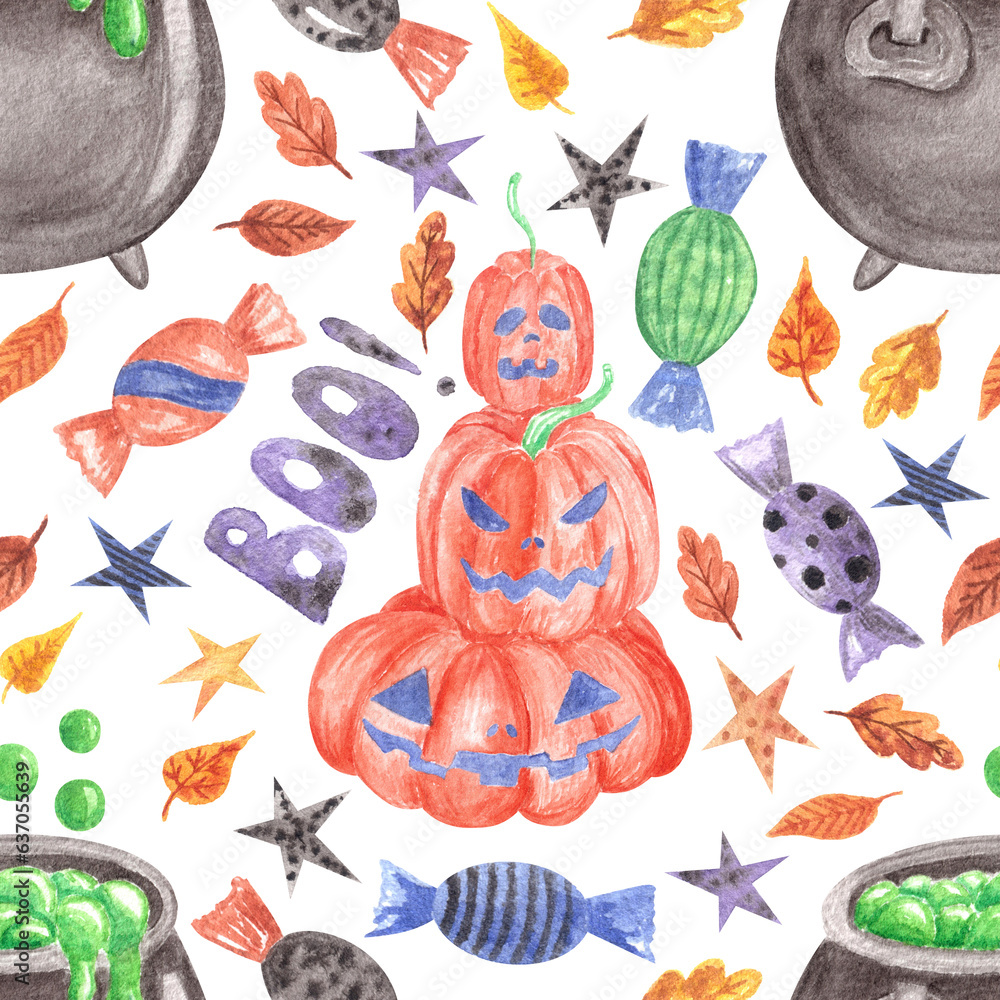 Watercolor seamless pattern with kettle with green poisoned liquid and pumpkins with candies,sweets,caramel.Halloween party background Watercolor seamless pattern with kettle with green poisoned liquid and pumpkins with candies,sweets,caramel.Halloween party background