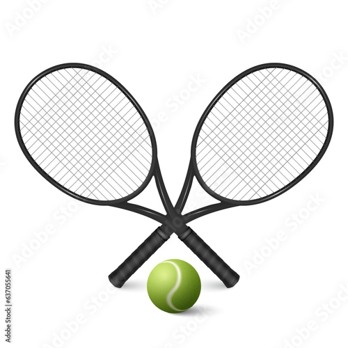 Vector 3d Realistic Tennis Ball and Crossed Rackets Closeup Isolated on White Background. Design Templates, Tennis Sports Equipment