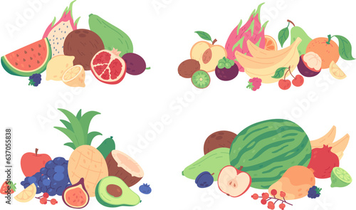 Fototapeta Naklejka Na Ścianę i Meble -  Tropical fruit piles, heap of various whole and half cut fruits and berries. Pile of healthy vitamin rich food, vegetarian diet, summer harvest, group of fresh organic ingredients vector set