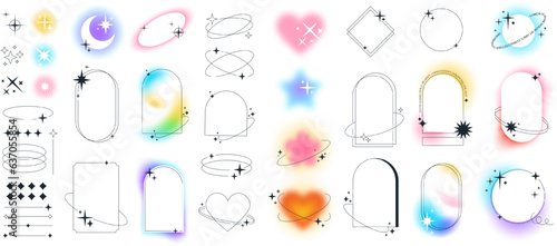 Modern aesthetic line elements, linear frames with blur gradients, blurry flower and heart aura shapes with stars. Minimal arch frame with sparkles, simple y2k style graphic design element vector set