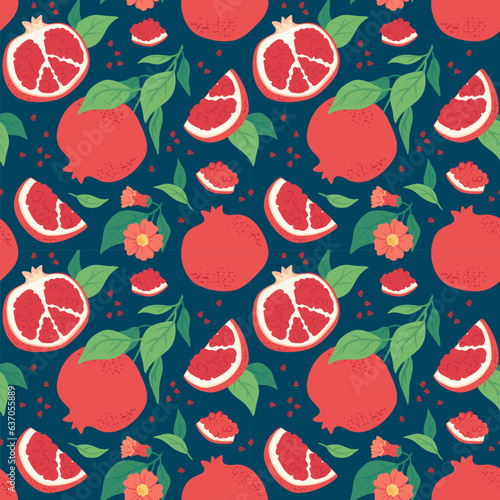 Fresh juicy pomegranate fruit seamless pattern, fabric or wallpaper print with ruby garnet fruits, pomegranate seeds. Hand drawn texture with pomegranate tree branch and red flowers vector background