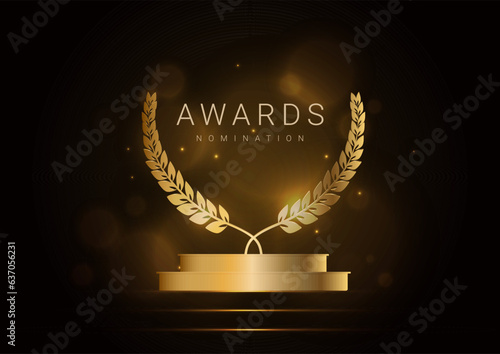 Award nomination template. Golden glowing scene with sparkles. Banner with podium and laurel leaves. Luxury background. Vector.
