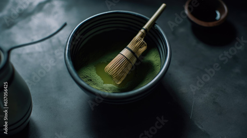 Bowl of fresh matcha tea with bamboo whisk on light table, top view.