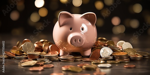 AI Generated. AI Generative. Piggy pig bank coins saving cash money deposit financial element. Can be used for bank inspirational marketing income trade