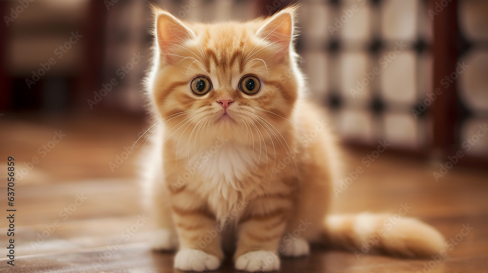 Cute ginger kitten sitting on the floor and looking at the camera Cute ginger kitten sitting on the floor and looking at the camera