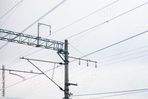 high-voltage wires over the railway. Power lines for the train, against the sky.