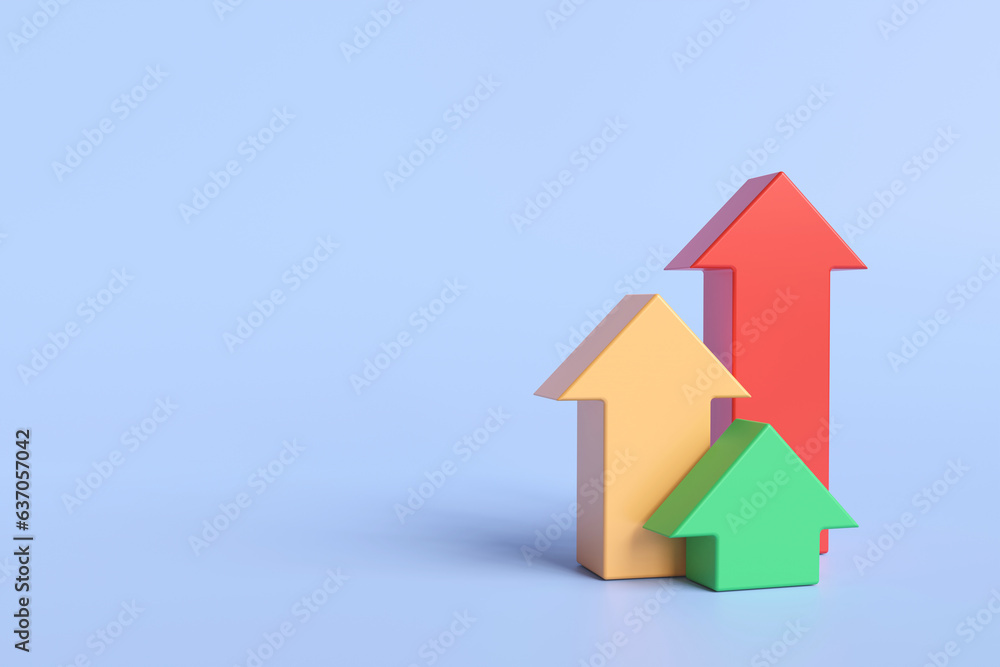 Arrow three colors pointing up on blue background. business idea represents the growth and the increase of money. profit on investment. 3D rendering illustration Arrow three colors pointing up on blue background. business idea represents the growth and the increase of money. profit on investment. 3D rendering illustration