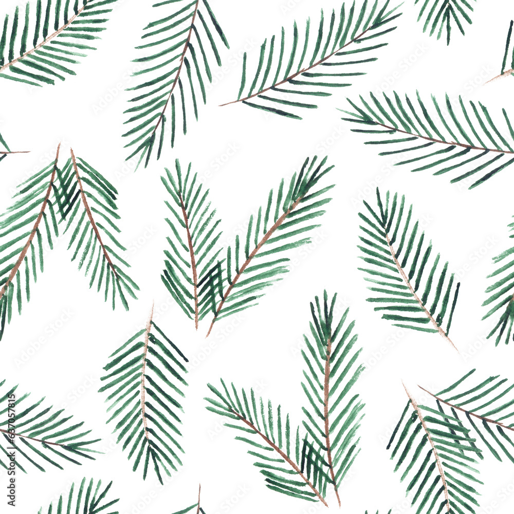 Hand drawn watercolor seamless pattern with green fir christmas tree branches twigs isolated on white background.New year X-mas backdrop and wrapping paper decor