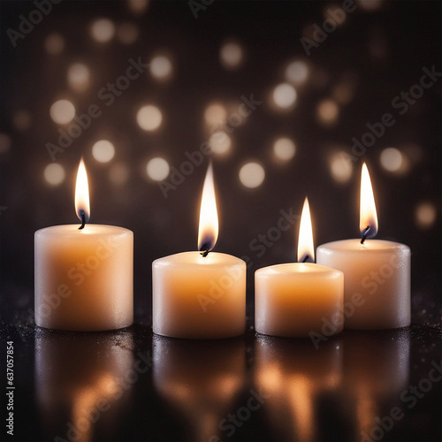 A bokeh background with four candlelights in flames