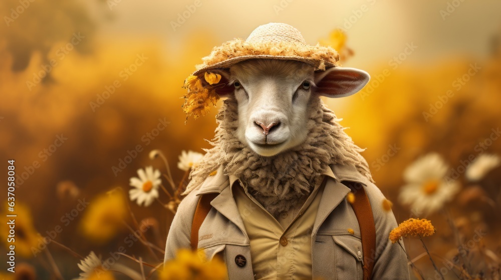 A close up portrait of a sheep wearing a shirt, a jacket, a backpack, and a straw hat with flowers. Brown and yellow floral background A close up portrait of a sheep wearing a shirt, a jacket, a backpack, and a straw hat with flowers. Brown and yellow floral background