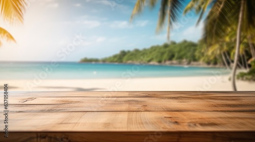 empty wooden table rustical style for product presentation with a blurred tropical beach in the background © HandmadePictures