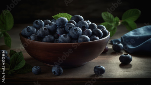 Bowl of tasty fresh blueberries with leaves on wooden table, flat lay.